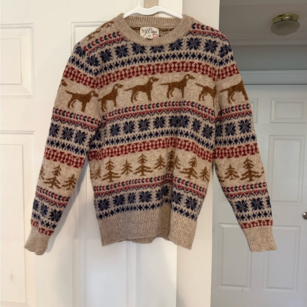 J. Crew Beige Fair Isle Crewneck Sweater with Navy and Rust Accents